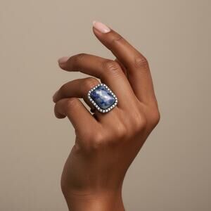 Sodalite Blue Stone Ring Size 8 Statement Boho Large Natural Silver Tone